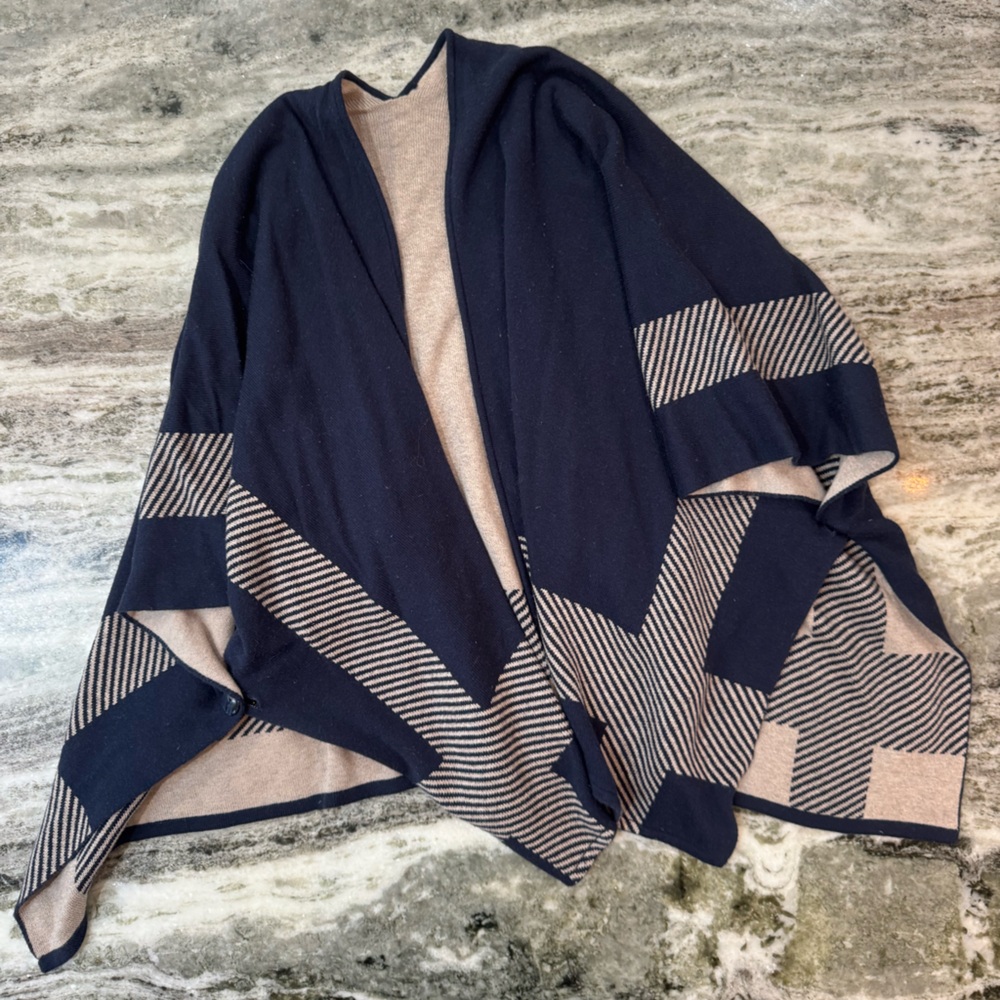 CAbi Reversible Wrap Poncho Sweater in Navy and Beige